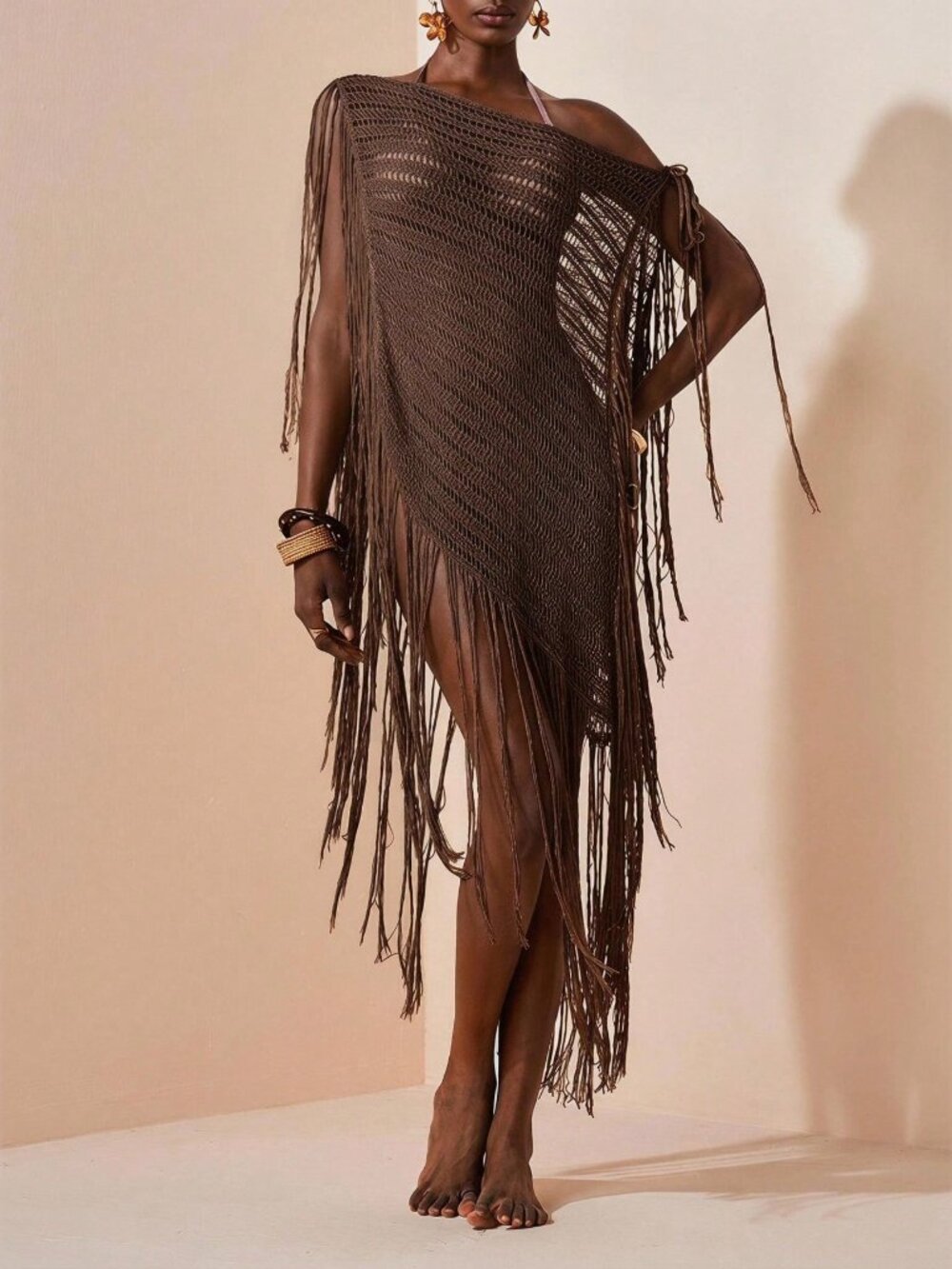 Rust Brown Elegant Women's Knit Off-Shoulder Tassel Cover-Up - Picture 8 of 11